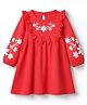 Babyhug Single Jersey Knit Full Sleeves Dress with Floral Print & Bow Applique - Red