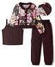 OLLINGTON ST. Mesh Knit Full Sleeves Floral Printed Jacket With Inner Top and Joggers Set - Brown