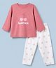 Zero Interlock Knit Full Sleeves T-Shirt & Pajama Night Suit with Sweetest Text & Cherry Bow Print - Pink, White