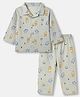 Zero Interlock Knit Front Open Full Sleeves Co-ord Shirt & Pajama Night Suit with Robots Print - Green
