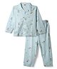 Zero Interlock Knit Front Open Full Sleeves Co-ord Shirt & Pajama Night Suit with Teddy Bear Print - Blue