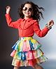 OLLINGTON ST. Set Of Viscose Rayon Woven Full Sleeve Top & Printed Georgette Skirt - Red
