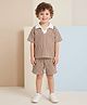 AJ Dezines Cotton Knit Half Sleeves Striped Coordinating Tee & Shorts Set - Brown