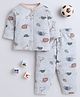 BUMZEE Cotton Knit Full Sleeves Animals Printed Coordinating Shirt & Pajama Night Suit - Grey
