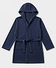 Pine Kids 100% Cotton Knit Full Sleeves Hooded Solid Bath Robe - Navy Blue