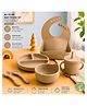 Puchku 6 Pcs Silicone Baby Feeding Set, BPA Free & Microwave Safe Dinner Tableware Kit - Feeding Bowl, Suction Plate, Cup, Spoon, Fork & Bib for Kids (Beige)
