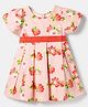 Babyoye 100% Cotton Poplin Woven Pleated Dress with Half Puffed Sleeves and Floral Print - Peach