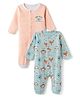 Babyhug 100% Cotton Interlock Knit Full Sleeves Striped Rompers With Animal Print Pack of 2 - Peach & Blue