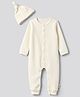 Bonfino 100% Cotton Knit Waffle Structure Fabric Solid Full Sleeves Front Open Romper and Cap - Off White