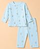 Zero Interlock Knit Full Sleeves Co-Ords T-Shirt & Pyjama Night Suit with Bear Print - Sky Blue
