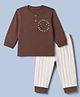 Zero Sinker Knit Full Sleeves T-Shirts and Joggers Set with Bear & Text Print In Front & Back - Brown