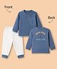 Zero Sinker Knit Full Sleeves T-Shirts and Joggers Set with Bear & Text Print In Front & Back - Navy Blue