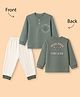 Zero Sinker Knit Full Sleeves T-Shirts and Joggers Set with Bear & Text Print In Front & Back - Green