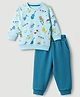 Zero Sinker Knit Full Sleeves T-Shirt and Jogger with Full Length and Musical Instruments Print in Aqua Blue