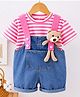 POP STREET KIDS Cotton Blend  Knit Bear Applique Detailed Dungaree With Half Sleeves Striped Tee - Pink