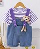 POP STREET KIDS Cotton Blend Denim Teddy Bear Applique Detailed Dungaree With Half Sleeves Striped Tee - Purple