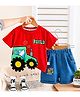 POP STREET KIDS Cotton Blend Knit Half Sleeves Tractor Printed Tee & Shorts Set - Red