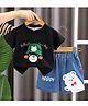 POP STREET KIDS Cotton Blend Knit Half Sleeves Teddy Printed & Cap Applique Detailed Tee & Shorts Set - Black
