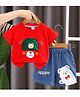 POP STREET KIDS Cotton Blend Knit Half Sleeves Teddy Printed & Cap Applique Detailed Tee & Shorts Set - Red