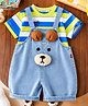 POP STREET KIDS Cotton Blend Knit Teddy Applique Detailed Dungaree With Half Sleeves Striped Tee - Green