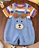 POP STREET KIDS Cotton Blend Knit Teddy Applique Detailed Dungaree With Half Sleeves Striped Tee - Orange