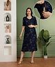 NIGHTSPREE Rayon Woven Half Sleeves Floral Printed Maternity Dress With Side Zipper Nursing Access - Navy Blue
