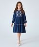 Bella Moda Cotton Woven Full Sleeves Floral Embroidered Dress - Navy Blue
