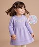 Babyoye Knit Woolen Dress with Full Sleeves and Floral Embroidery in Lilac for Preemie-Preemie