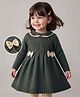 Babyoye Knit Woolen Dress with Full Sleeves and Bows Applique in Olive Green