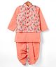 Little Bansi Cotton Knit Full Sleeves Kurta & Dhoti Set With Deer Printed Jacket - Peach
