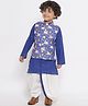 Little Bansi Cotton Woven Cow Print Jacket with Full Sleeves Golden Stripes Kurta and Dhoti Set - Royal Blue