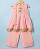Little Bansi Cotton Woven Chanderi Sleeveless Kurta Frock With Plazzo and Dupatta With Boota, Lace & Tussel Work - Pink