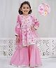 Little Bansi 100% Cotton with Muslin Woven Full Sleeves Flamingo Kurta Frock with Floral Handwork and Lace work with Sharara and Dupatta - Pink