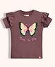 Orange Sugar Cotton Knit Half Sleeves Sequins Embellished Butterfly Designed Frill Detailed Top - Brown