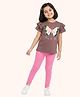 Orange Sugar 100% Cotton Knit Half Sleeves Sequins Embellished Butterfly Designed Top & Leggings Set - Brown & Pink