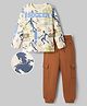 OLLINGTON ST. Cotton Sinker Knit Full Sleeves T-Shirt and Joggers Set With Soccer Print - Off White & Brown
