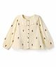 Primo Gino 100% Cotton Woven Full Sleeves Crochet Collar Top with Floral Embroidery - Offwhite