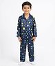 House of Raavi Woven Full Sleeves Stars & Hearts Printed Coordinating Shirt & Pajama Night Suit - Navy Blue