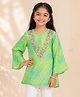 Kiddopanti Georgette Knit Full Sleeves Mirror Work Detailed Floral Embroidered & Leheriya Printed Kurti - Green