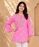 Kiddopanti Georgette Knit Full Sleeves Mirror Work Detailed Floral Embroidered & Leheriya Printed Kurti - Hot Pink