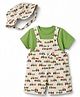 WOW Clothes Cotton Woven Knit Half Sleeves Dungarees & Sets With Car Print & Cap - Cream & Green