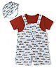 WOW Clothes Cotton Woven Knit Half Sleeves Dungarees & Sets With Car Print & Cap - Light Blue & Red