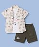 Wow Cotton Knit Half Sleeves Vehicle Printed Shirt & Shorts Set With Inner Tee- Beige & Olive
