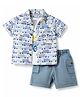 WOW Clothes Cotton Woven Half Sleeves Shirt & Shorts Set With Vehicle Print - Olive