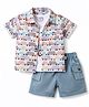 WOW Cotton Woven Half Sleeves Shirt & Shorts Set With Vehicle Print - Peach