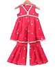 Saka Designs Cotton Woven Sleeveless Kurti and Gharara Set with Floral Embroidery in Dark Pink