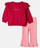 Babyhug 100% Cotton Single Jersey Knit Full Sleeves Top and Boot Cut Leggings with Eyelet Embroidered Lace and Fabulous Embroidery - Pink & Red