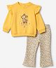 Babyhug 100% Cotton Single Jersey Knit Full Sleeves Top and Boot Cut Pant with Deer Embroidered Patch & Floral Print - Yellow