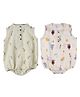 DULAAR Organic Cotton Woven Pack Of 2 Sleeveless Leaves &  Animal Printed Onesies - White
