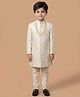 ETHNIKS NEURON Silk Woven Full Sleeves Thread Work Embroidered Kurta & Pyjama Set With Mala - Cream